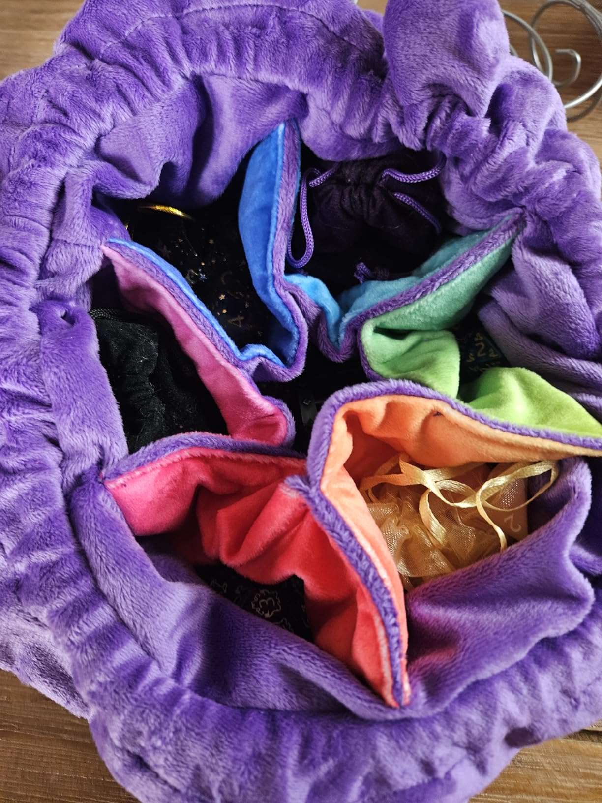ANZOME Large Dice Bag, Purple Velvet with 7 Color-Coded Pockets, RPG | Self-standing pouch holds 200+ polyhedral sets, sorted rainbow compartments, tabletop game storage, heavy & metal pieces customer photo 2