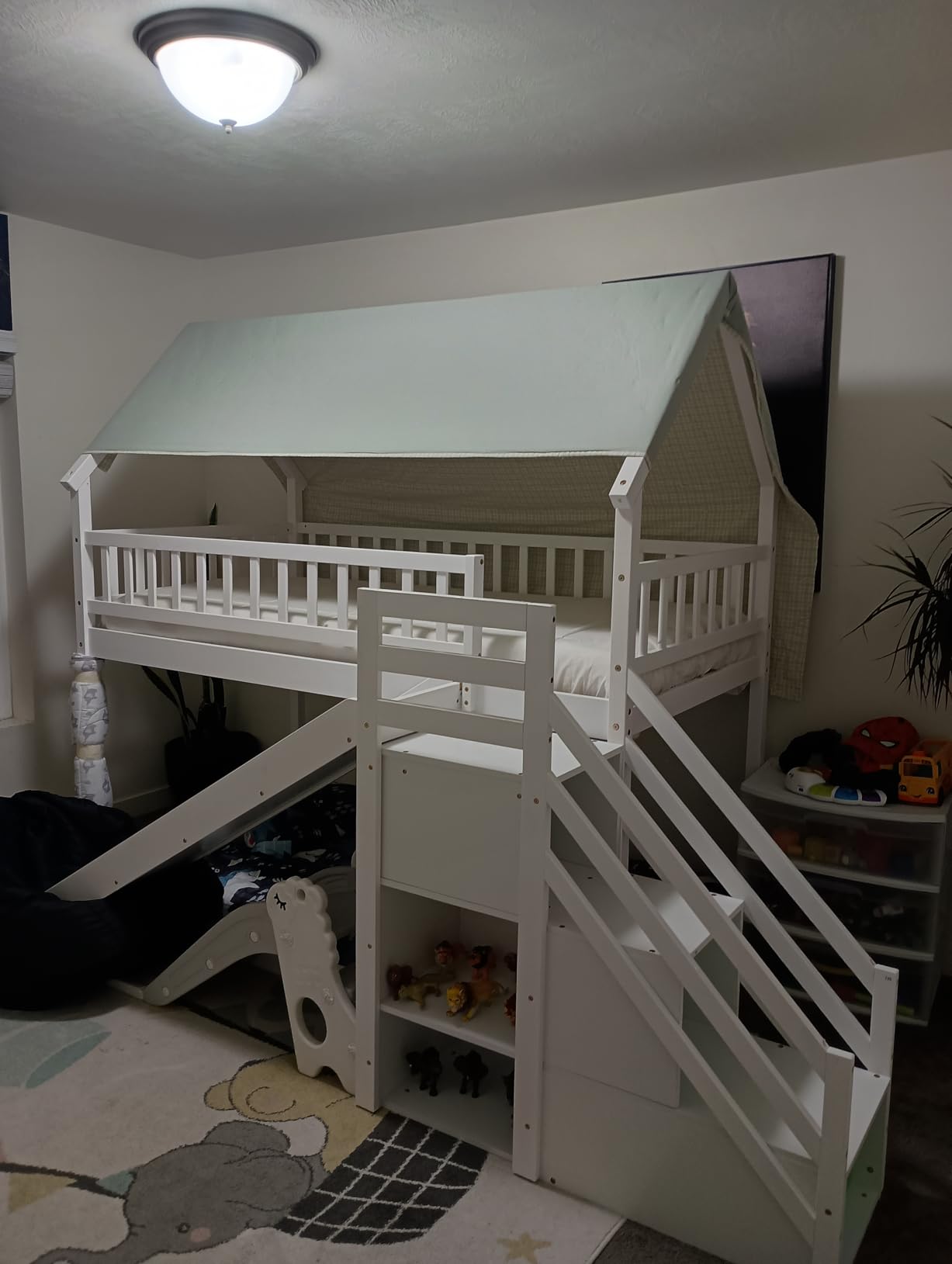 KOMFOTT Wood Twin Over Twin Bunk Bed with Slide & Staircase, Twin House Bunk Bed with Safety Guardrails & Storage, Floor House Bed with Wooden Slat Support for Boys Girls, No Box Spring Needed (White) customer photo 2