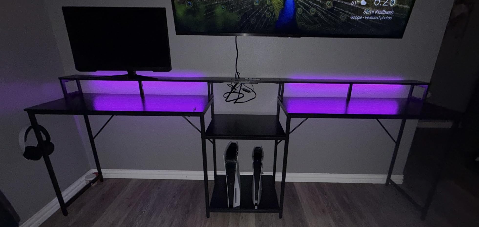 Casaottima 98'' 2 Person Gaming Desk with LED Lights, Black | Two Person Desk with Power Outlets & Monitor Stand, Double Computer Desk with Storage, Long Desk for Home Office customer photo 1