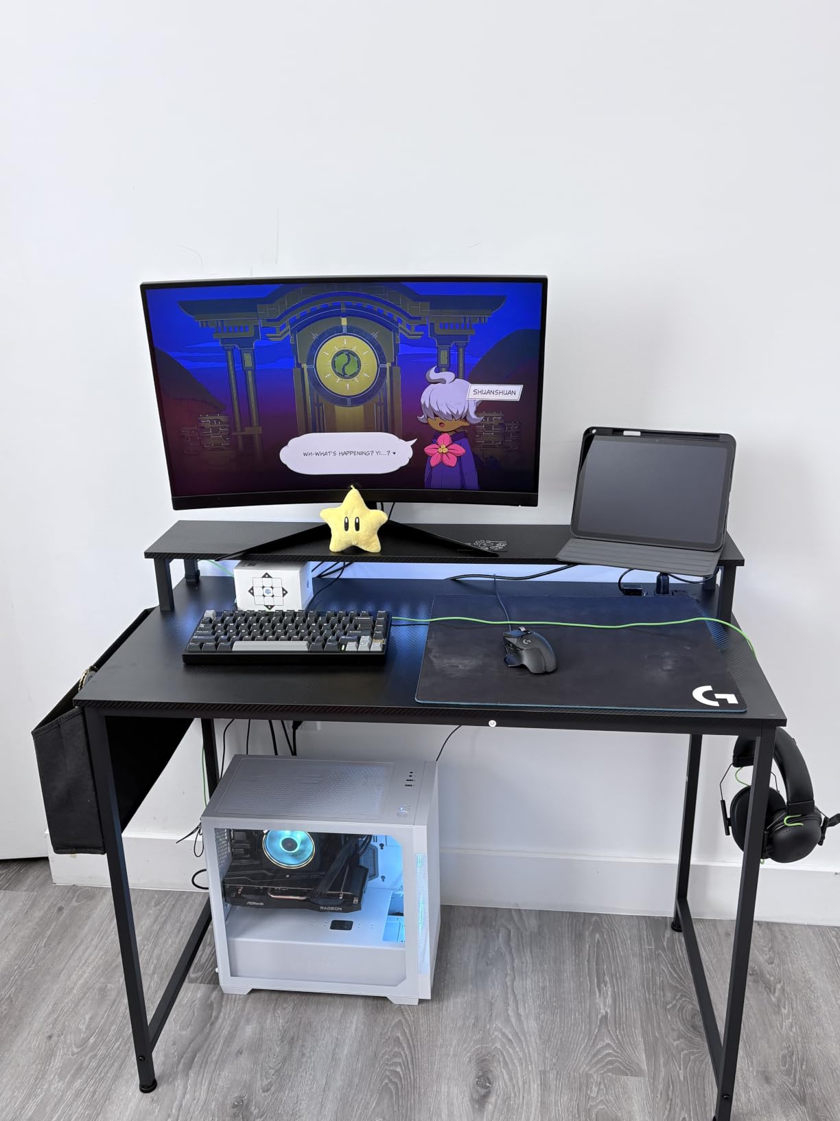 Lufeiya Small Desk with Power Outlets and LED Lights, 32 Inch Teen Writing Study Table Home Office Computer Desks with Monitor Stand, Gaming Desk with Charging Station, Black customer photo 1