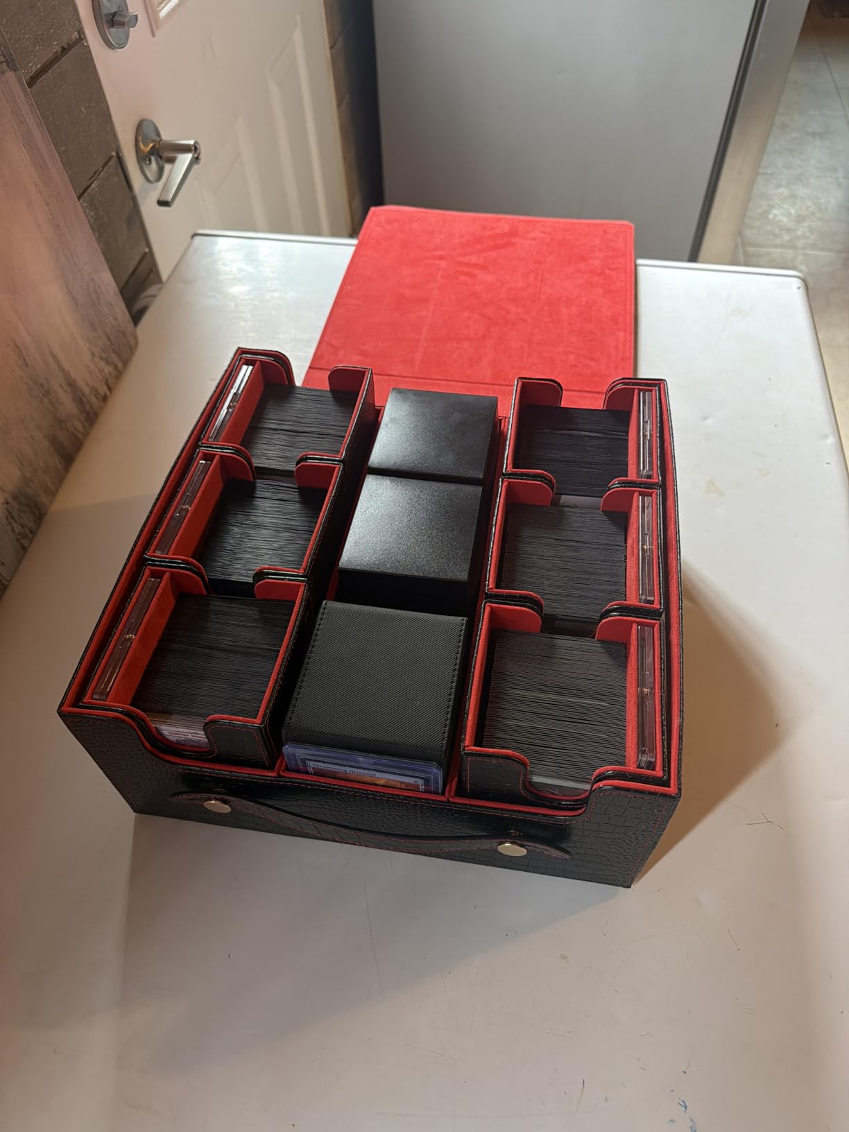 MTG Commander Deck Box, 4-in-1 Trading Card Storage Case fits 400+ Double Sleeved Cards, Premium PU Leather Deck Box MTG with Display Window & 4 Detachable Cases - Black & Red customer photo 2