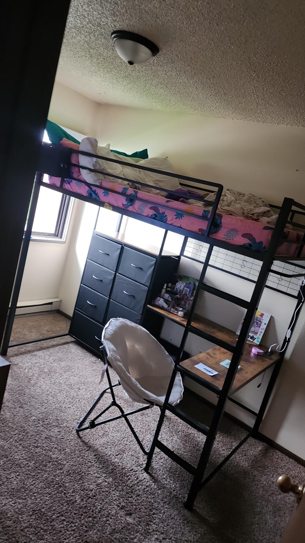 DICTAC Twin Loft Bed with L-Shaped Desk and 7 Storage Drawers, Metal Twin Size Loft Bed for Kids with LED Lights and Charging Station, 13.11
