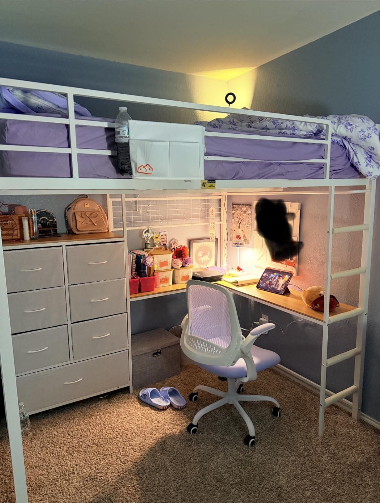 DICTAC Twin Loft Bed with L-Shaped Desk and 7 Storage Drawers, Metal Twin Size Loft Bed for Kids with LED Lights and Charging Station, 13.11