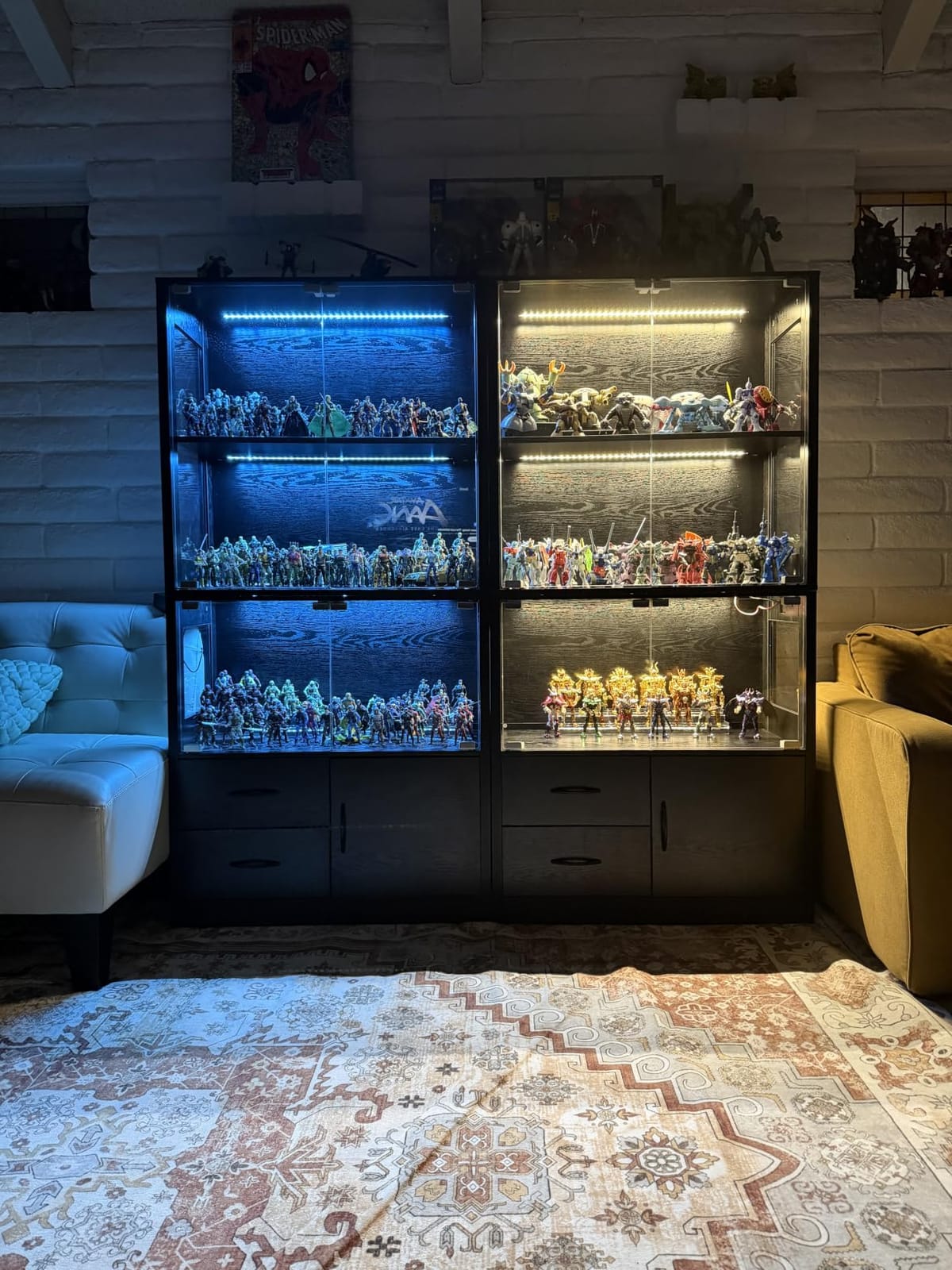 Display Cabinet with Glass Doors and 2 Drawers, 3-Color Lights, Black Oak, 63