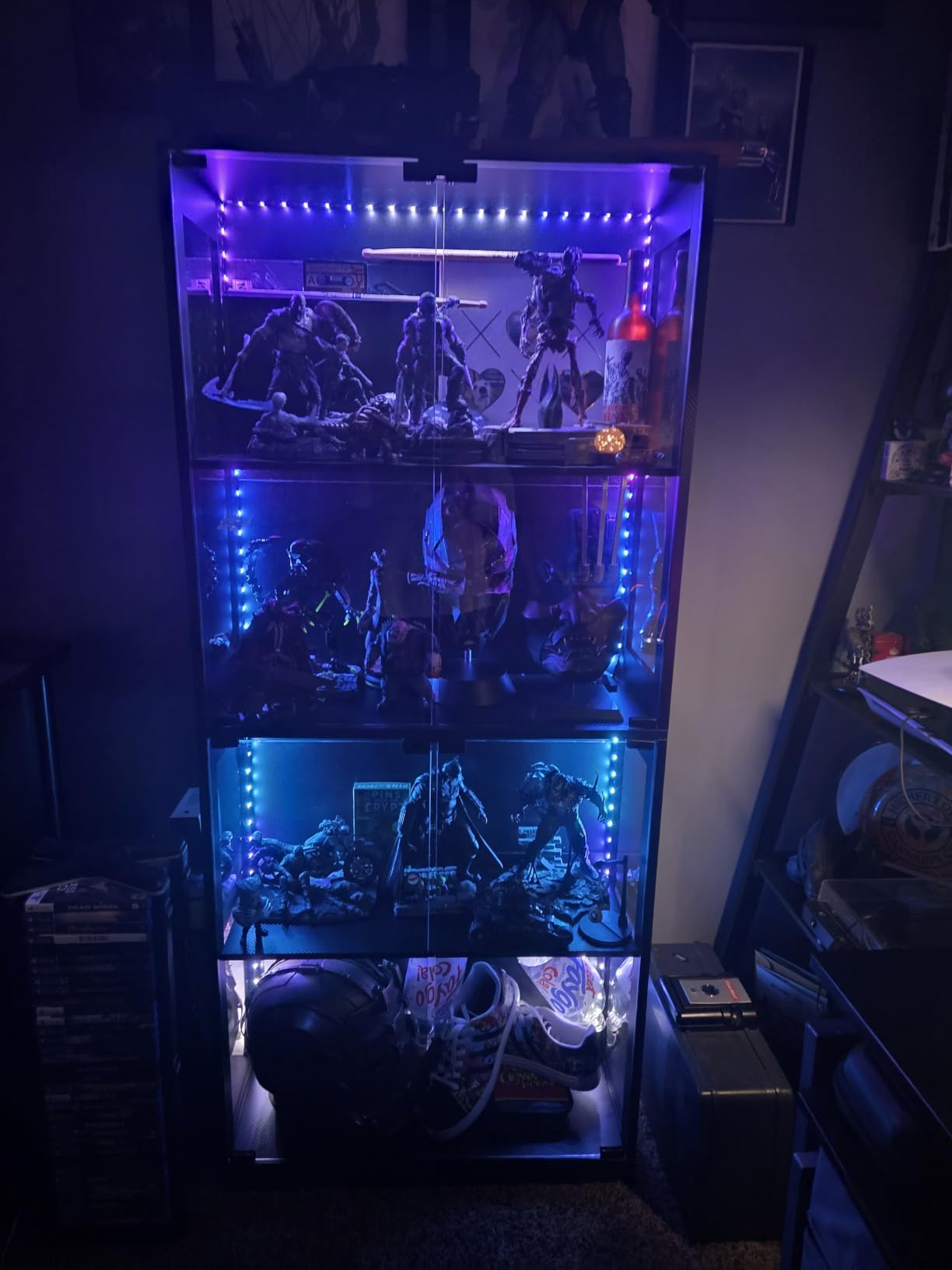 AODK Display Case with Glass Shelves & RGB Lights, 4-Tier Display Cabinet | LED Display Shelf with Industrial Metal Mesh & Open Shelf Design for Collectibles, Black Curio Cabinet, Book Case customer photo 1