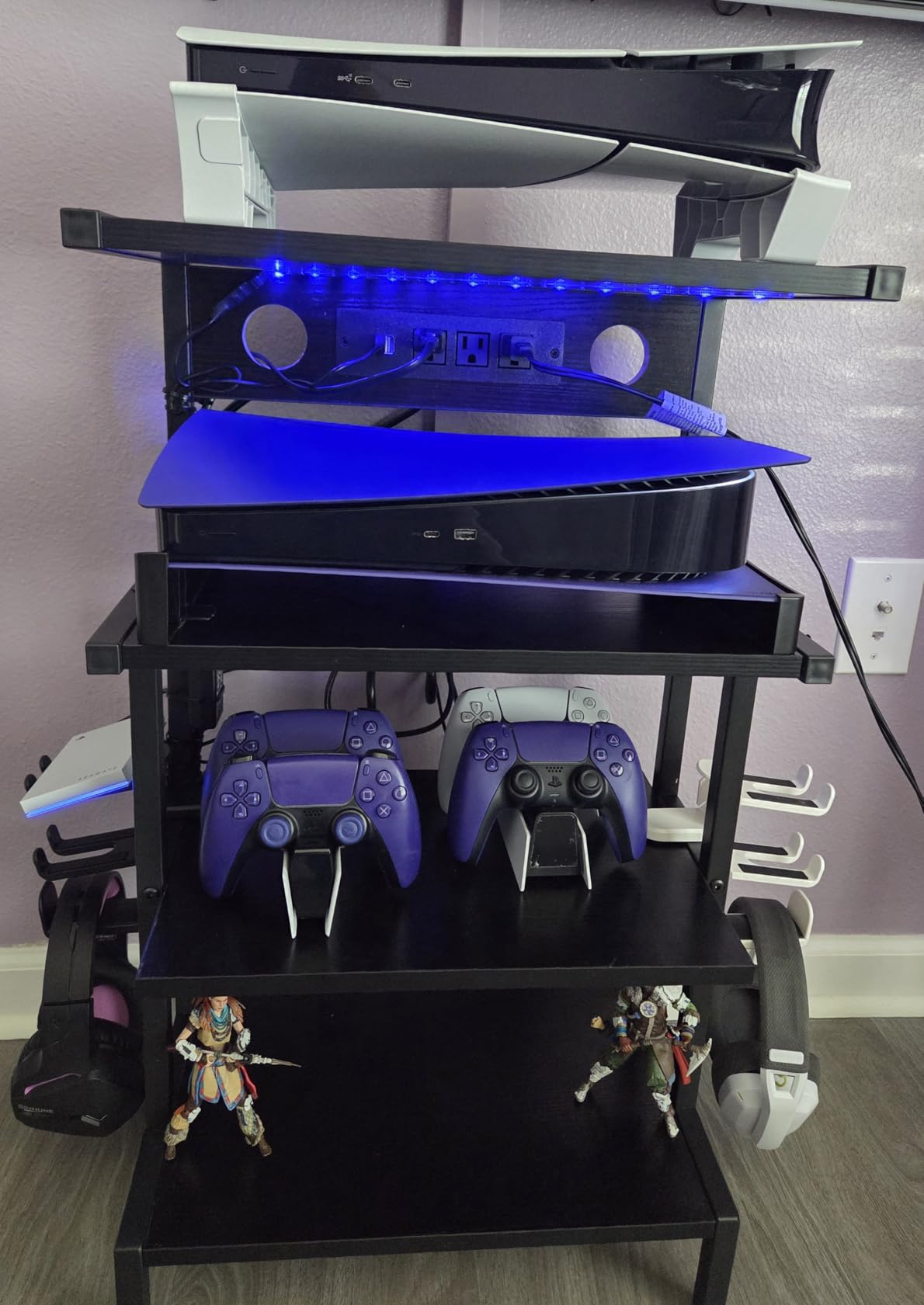 Aquzee Game Console Shelf, 4-Tier Video Gaming Consoles Stand with Outlet & RGB Light, Small Media Entertainment Center for Audio Stereo Storage Organizer Playroom Furniture, Stereo Stands and Racks customer photo 1