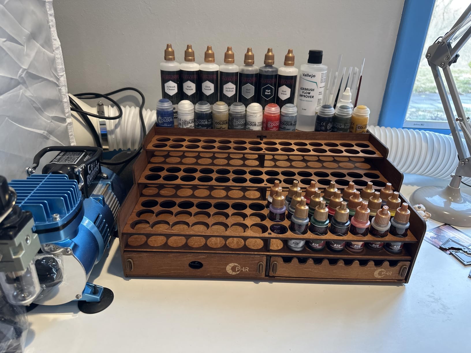 Wooden Paint Rack for 60 Bottles with 2 Brush Holders & 2 Drawers | Paint Organizer with 1.42