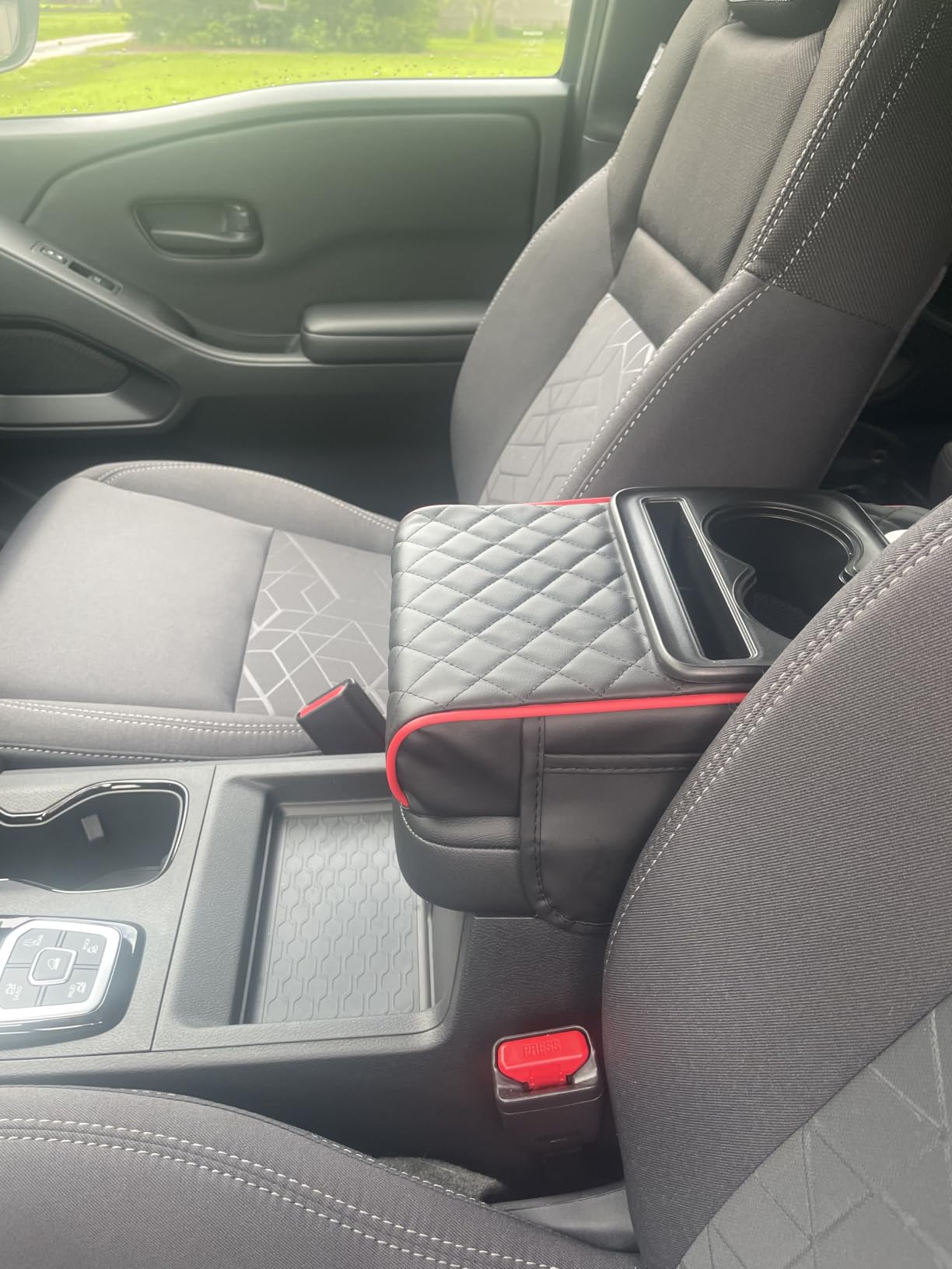 Leather Car Center Console Cover, Armrest Booster Cushion, BlackRed | Universal Vehicle Middle Console Organizer with 2 Cup Holders, Side Storage Bag, Tissue Box & Phone Slot, 13.38