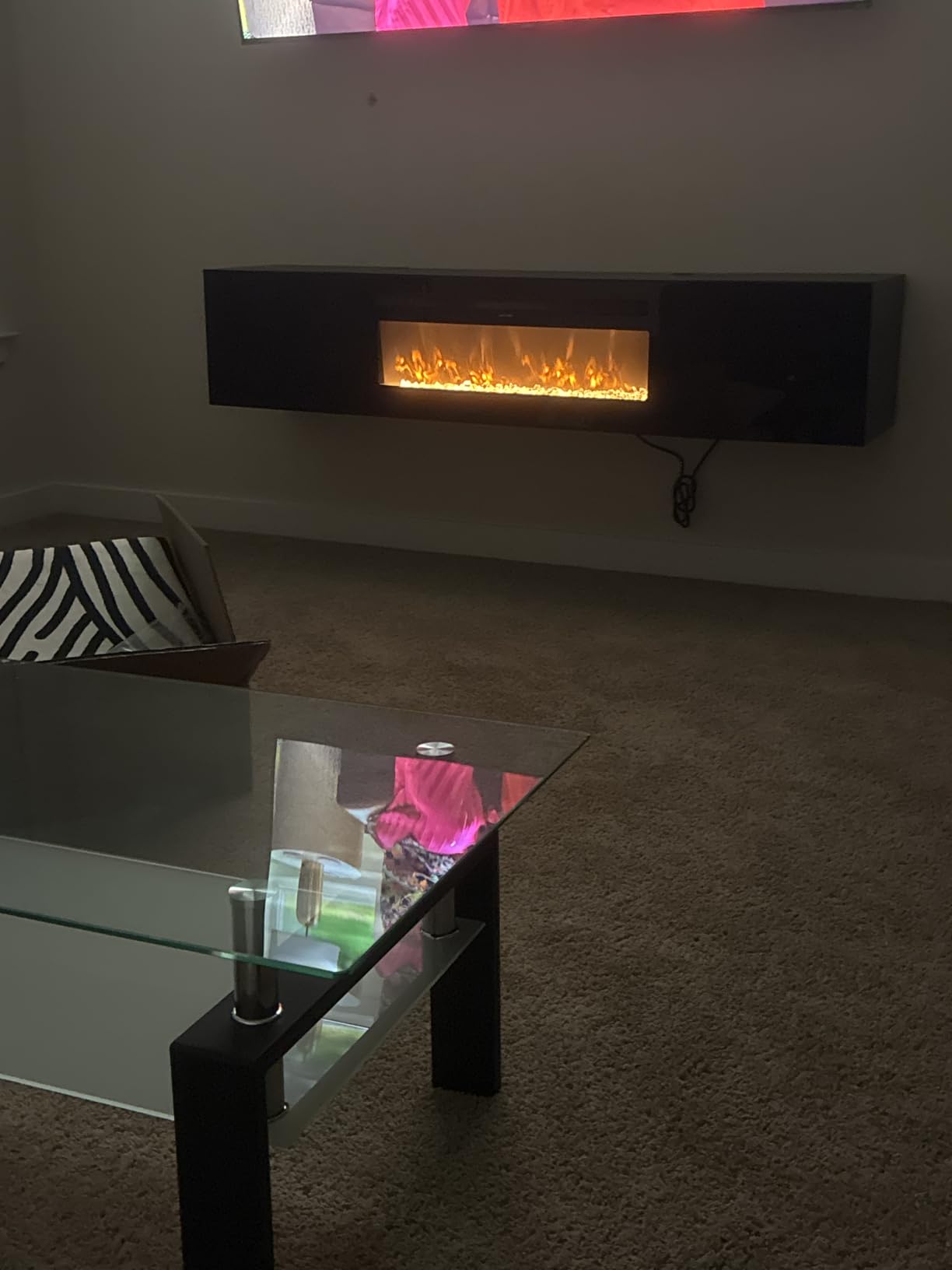 70'' Floating TV Stand with 36'' Electric Fireplace, Wall Mounted Entertainment Center with Storage for TVs up to 80'', Adjustable 12-Color LED Media TV Console for Living Room, All Black customer photo 1