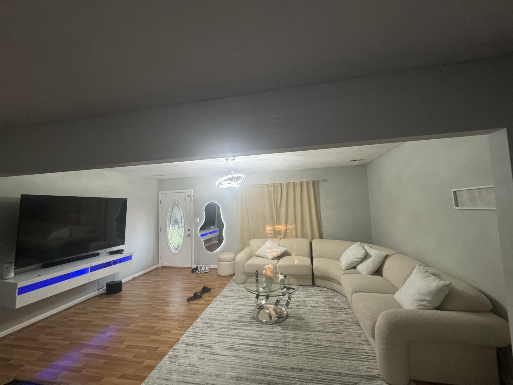 Solid Wood Floating TV Stand with LED Lighting & Power Outlet, 71'' High-Gloss Entertainment Center Wall Mounted with Storage, Modern TV Console for TVs up to 85'', White customer photo 2