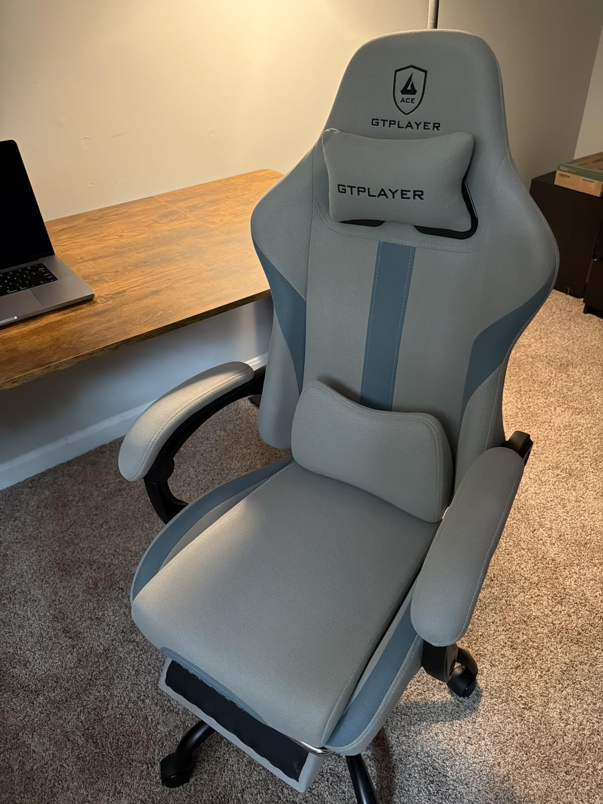 GTPLAYER Gaming Chair with Foot Rest & Pocket Spring Cushion, Ergonomic High Back Computer Desk Chair with Headrest & Lumbar Support for Back Pain Relief, Breathable Fabric, Mist-Blue customer photo 2