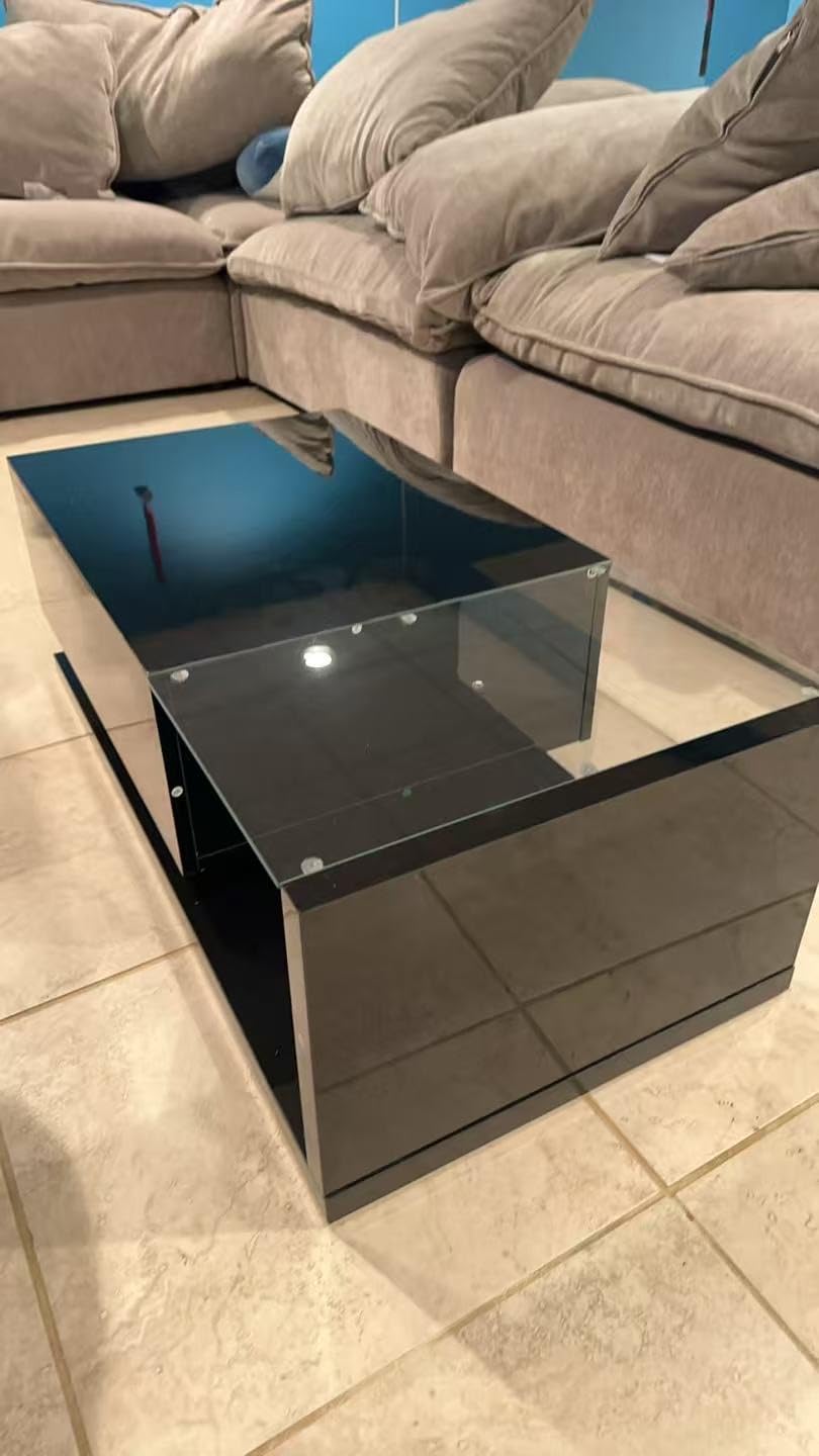 holzart Compact Low-Profile Coffee Table with LED Lights & Storage, 39.4