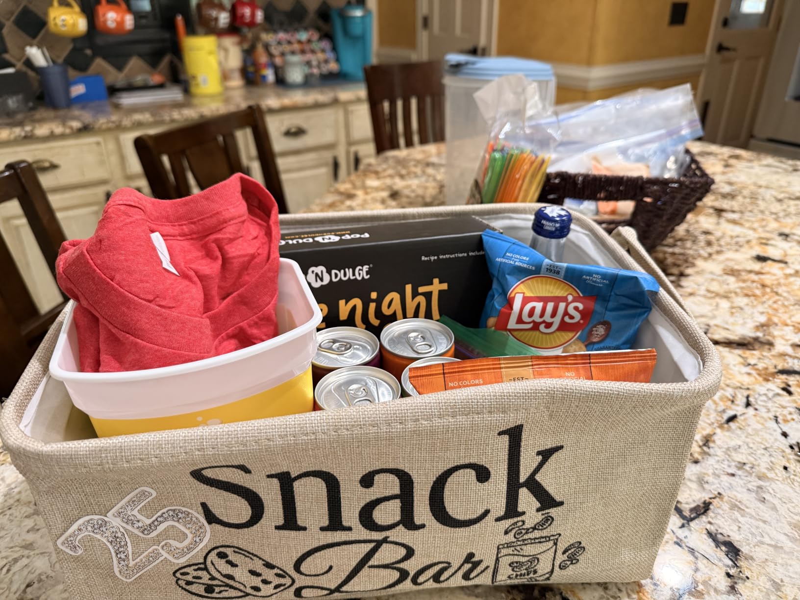 Game Night Snack Gift Basket Handles Burlap Organizer | Reusable Storage for Popcorn Snacks, Game Night Basket Ideas for Parties, Dice and Poker Design, Collapsible Organizer customer photo 2