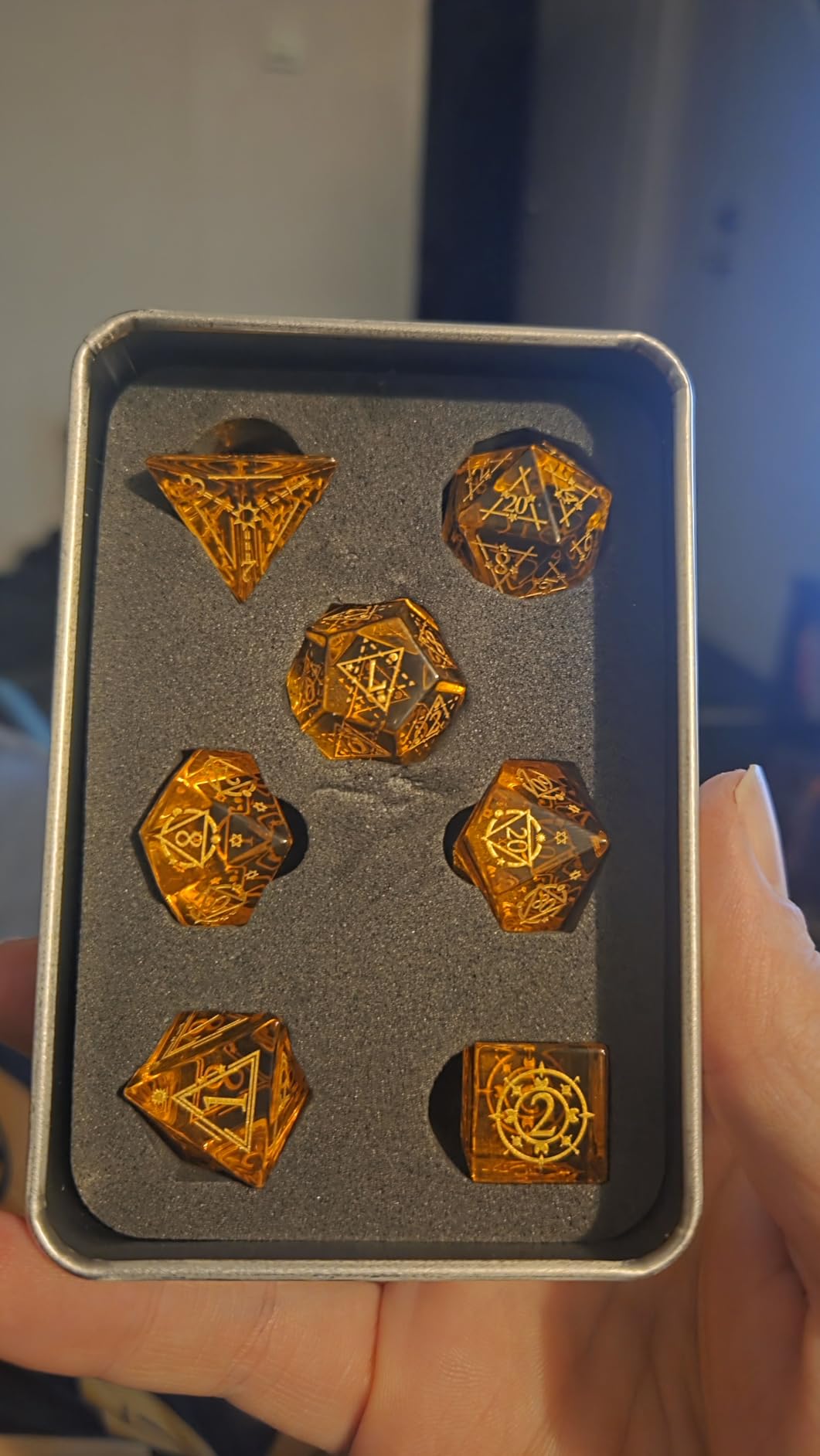 Natural Labradorite DND Dice Set, 7Pcs Multi-Faceted Gemstone RPG Dice | Stunning Iridescent Flash Effect Vibrant Golden Ink Markings customer photo 1