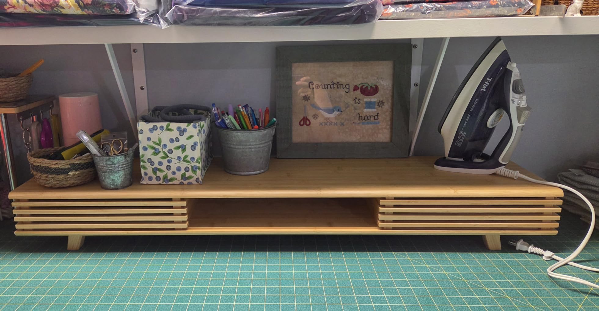Bamboo 42” Dual Monitor Stand with Sliding Doors Desk Shelf customer photo 1