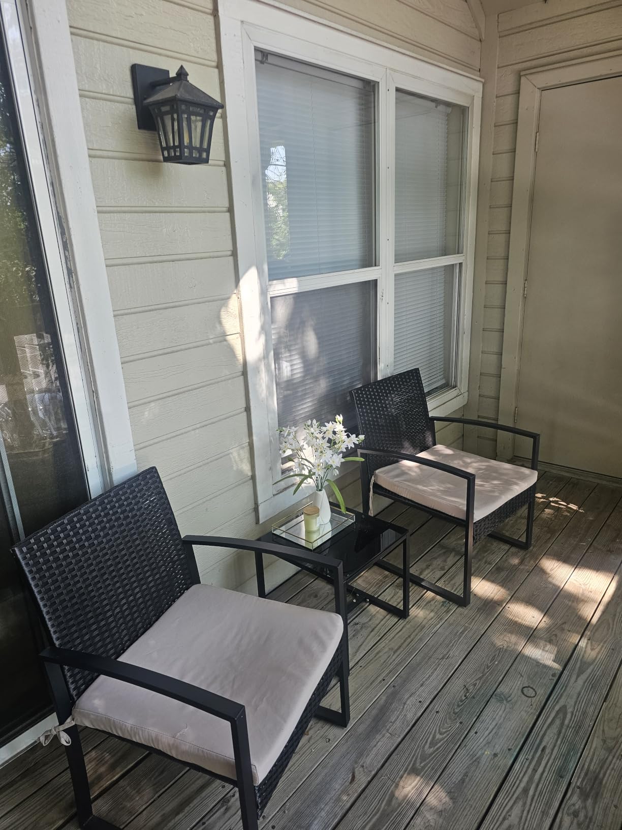 Murago Outdoor 3-Piece Wicker Bistro Set, Patio Conversation Set | 2 chairs with Coffee Table, for Balcony, Porch, Garden, Yard, Poolside, Black Frame & Black Cushion customer photo 2