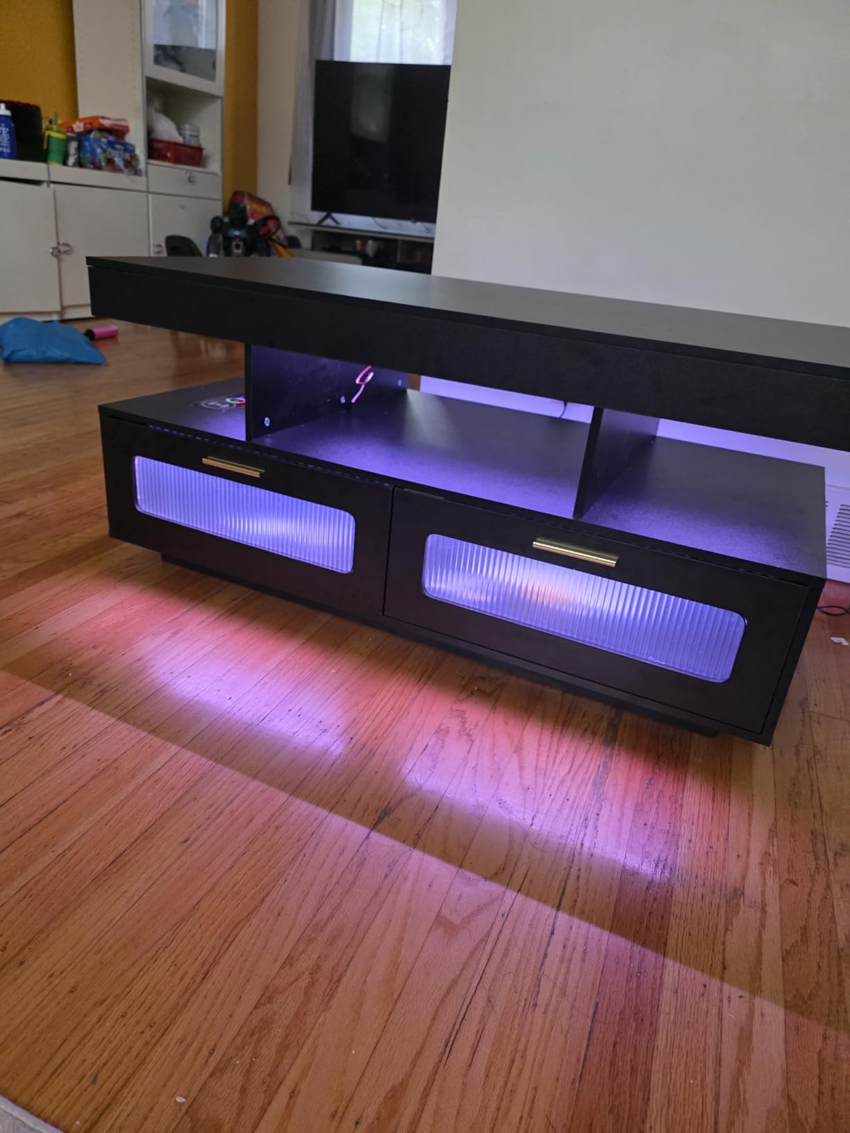 HNEBC LED Coffee Table with Wireless Charging Station for Living Room, Black | Modern Center Table with 24 RGB Color Lighted, Smart Low Tea Tables with 4 storage, Motion Sensor, 2 Drawers, 42.5