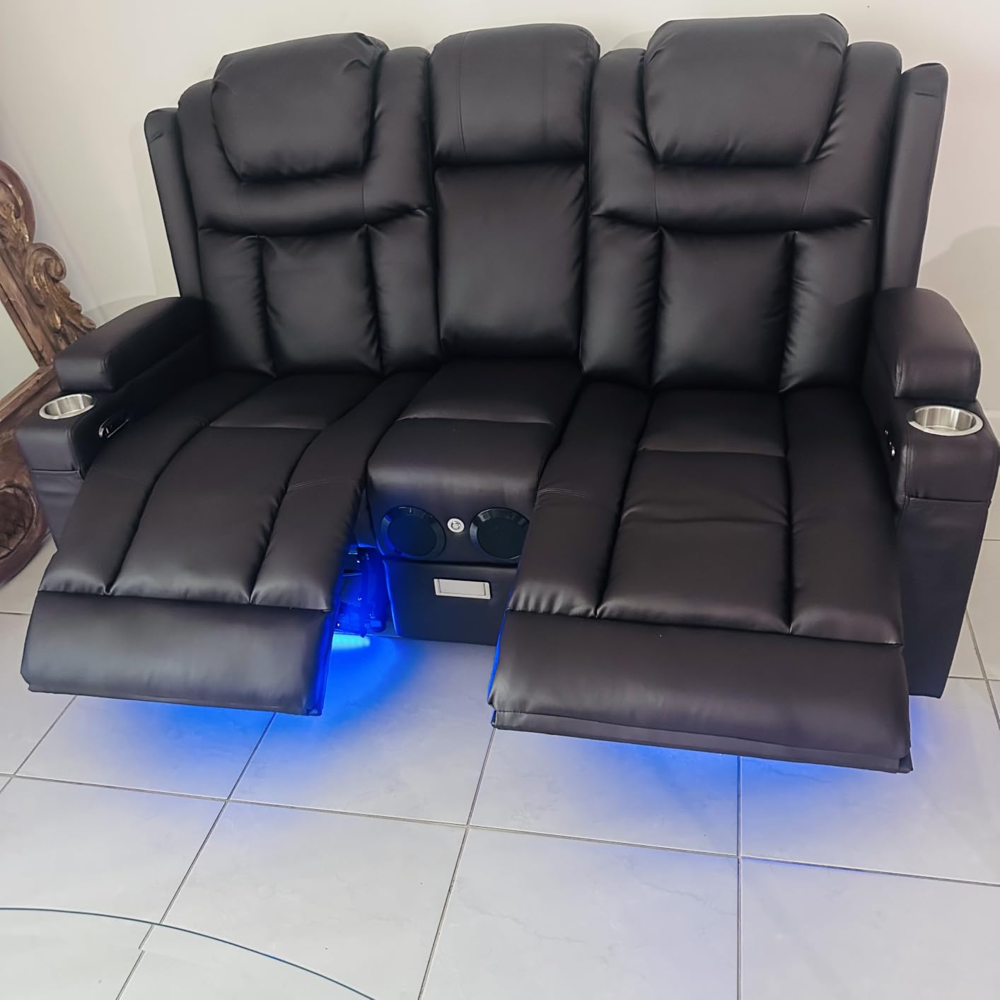 Power Loveseat Recliner Sofa, Home Theater Seating with Flip Back Console, Wall Hugger Reclining Loveseat with LED Light, USB Ports, RV Couch Movie Gaming Chair for Living Room, Gaming Room (Black) customer photo 1
