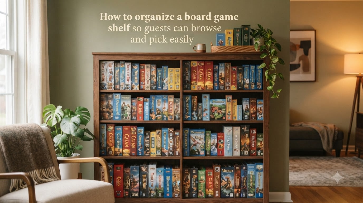 How to organize a board game shelf so guests can browse and pick easily