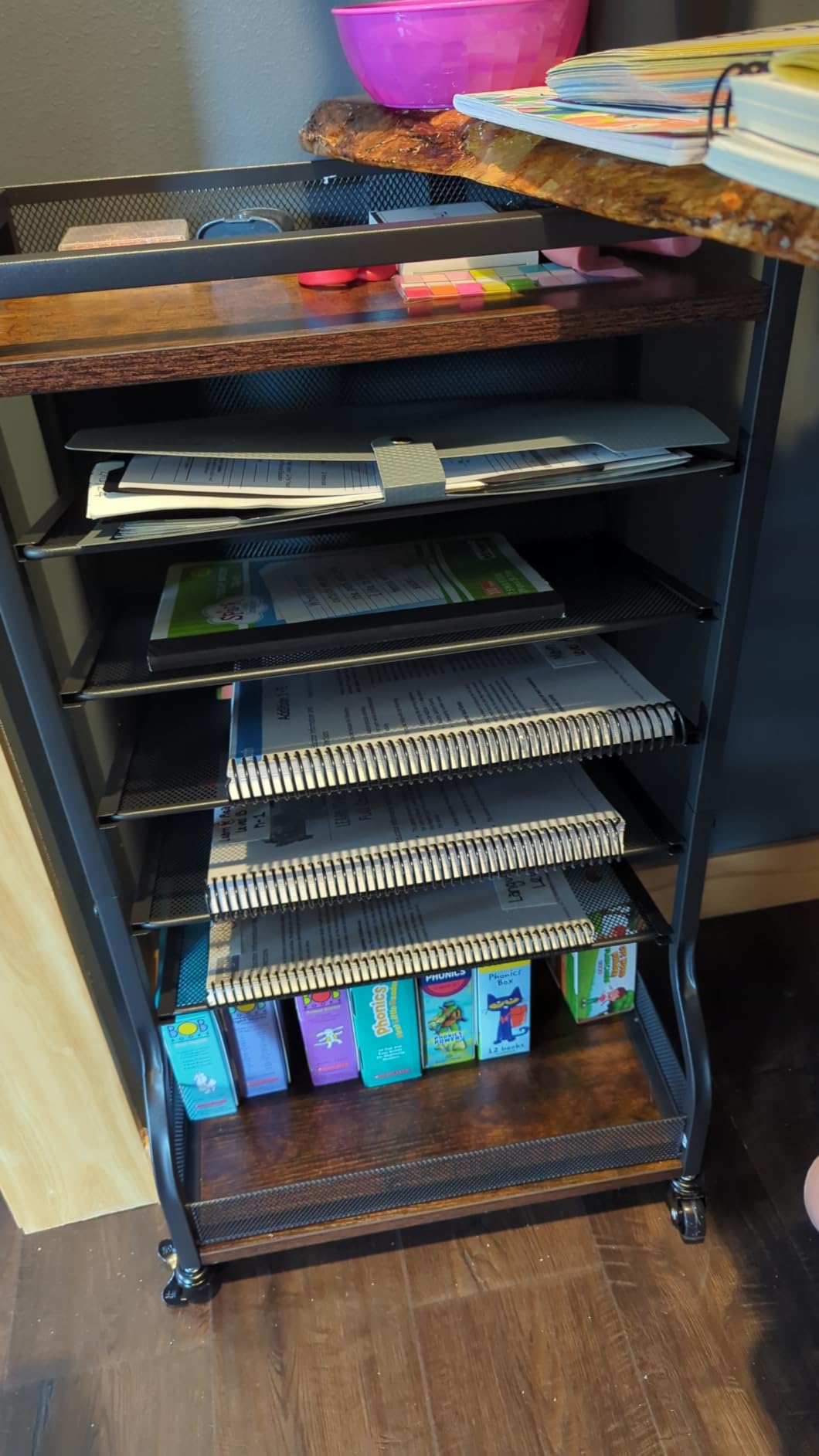 ThreeHio 7 Tier Rolling File Cart with Sliding Trays, Wood Metal File Organizer Beside Desk, Free-Standing File Holder, Paper Letter Tray Organizer Mesh Desk Organizer for Home Office School (Patent) customer photo 1