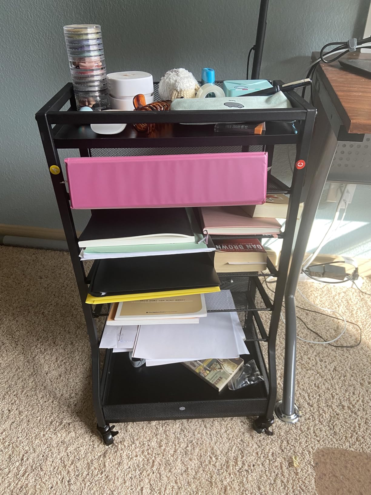 ThreeHio 7 Tier Rolling File Cart with Sliding Trays, Wood Metal File Organizer Beside Desk, Free-Standing File Holder, Paper Letter Tray Organizer Mesh Desk Organizer for Home Office School (Patent) customer photo 2