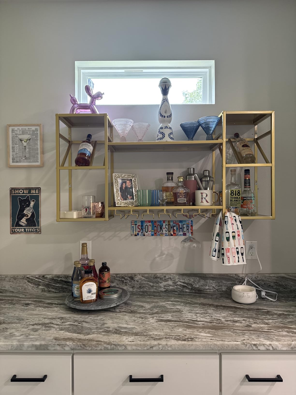 KaKaBB Metal Floating Bar Liquor Shelves 2 Tier, Wall Mounted Wine Rack with Glass Holder Storage, Wall Bar Shelf Wine Display Storage Holder for Kitchen Dining Room(Gold) customer photo 2
