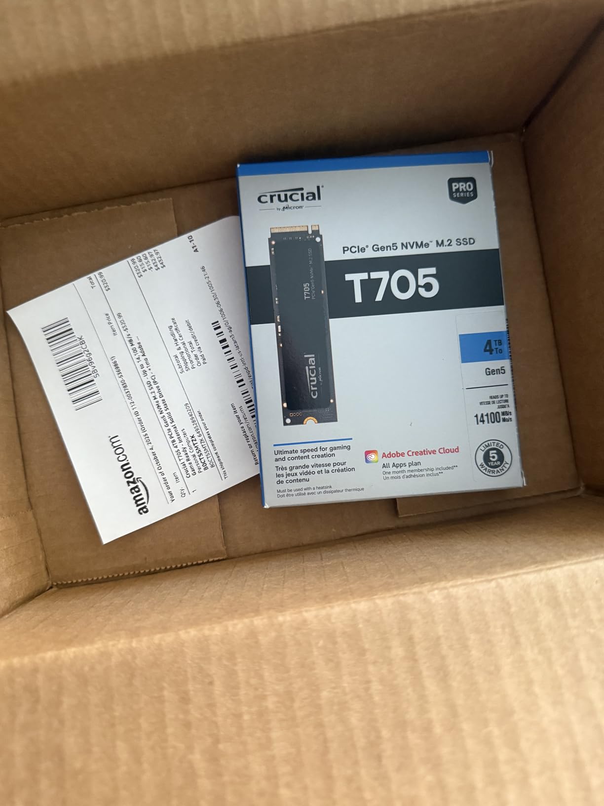Crucial T705 PCIe Gen5 NVMe 4TB SSD, Up to 14,100MB/s, TLC NAND, Intel & Ryzen Compatible, for Hardcore Gaming & High-Speed Storage, Solid State Drive, Includes 1Mo Adobe CC – CT4000T705SSD3 customer photo 2