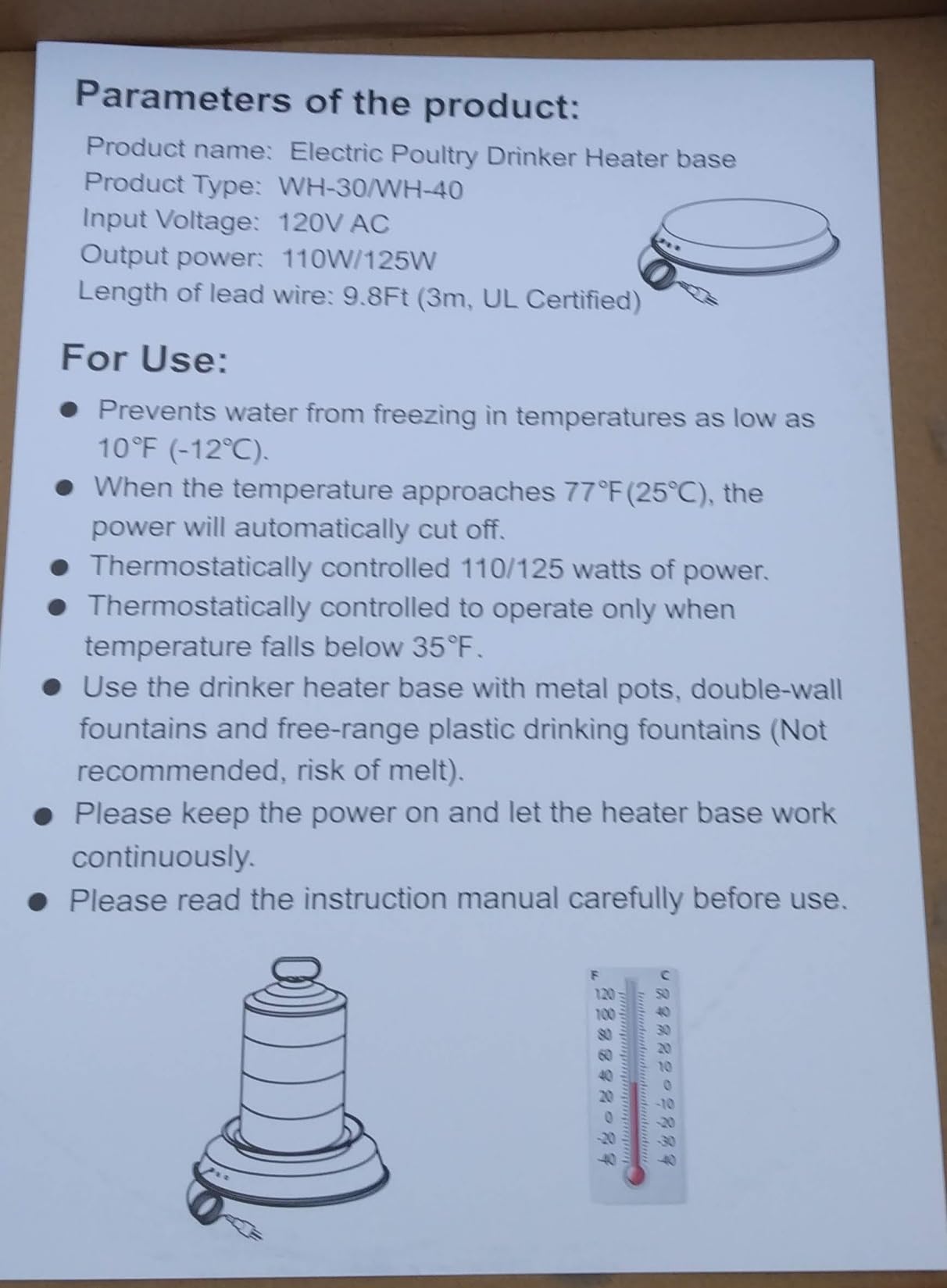 Chicken Water Heater for Winter, Heated Poultry Waterer Base,with Thermostat and 9.8ft Power Cord, Dia.11in customer photo 2