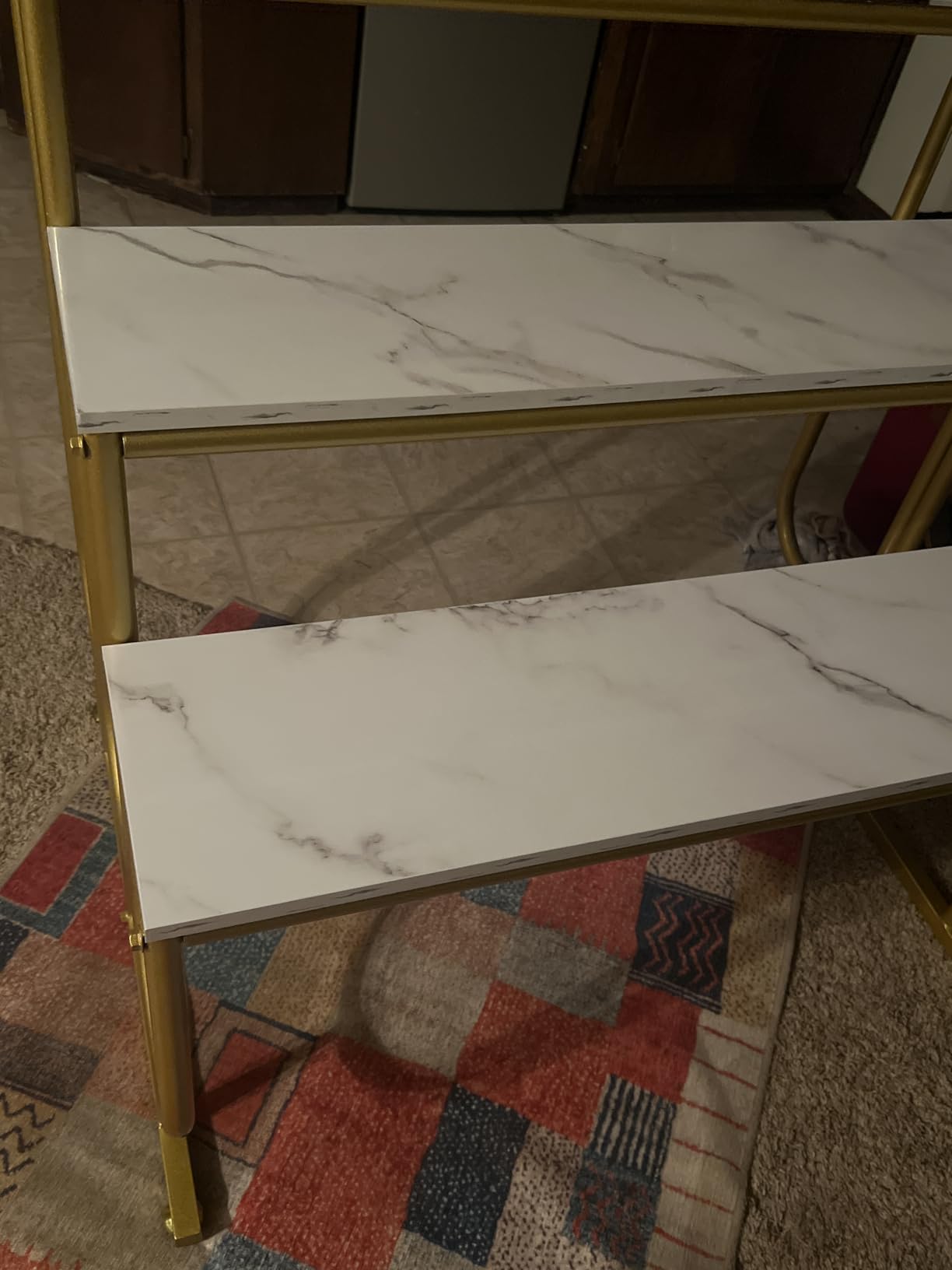 3-Tier Display Riser Stand, Gold Metal Frame, Marble-Look Shelves | Staggered Platform Layout for Shoes, Handbags, Dolls, Collectibles And Retail Displays customer photo 2