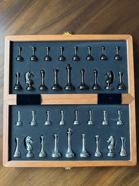 ELONGDI Metal Chess Set for Adults and Kids - 12 Inch Wooden Folding Chess Board and Metal Pieces, Travel Portable Chess Set - Extra Queens & 2.5