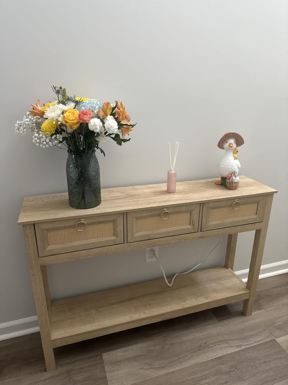 SUPERJARE Rattan Console Sofa Table with Outlets, USB-C Port and 3 Drawers customer photo 1