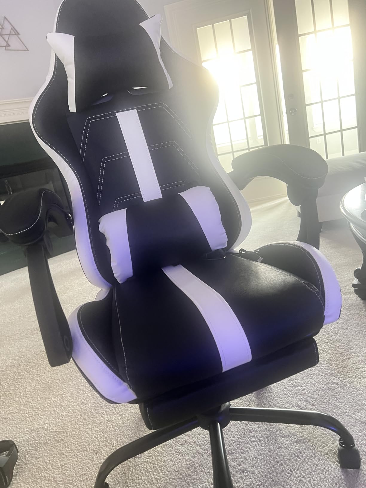 ECOTOUGE Gaming Chair with Footrest, Lumbar Massage & RGB LED Lights, White customer photo 1