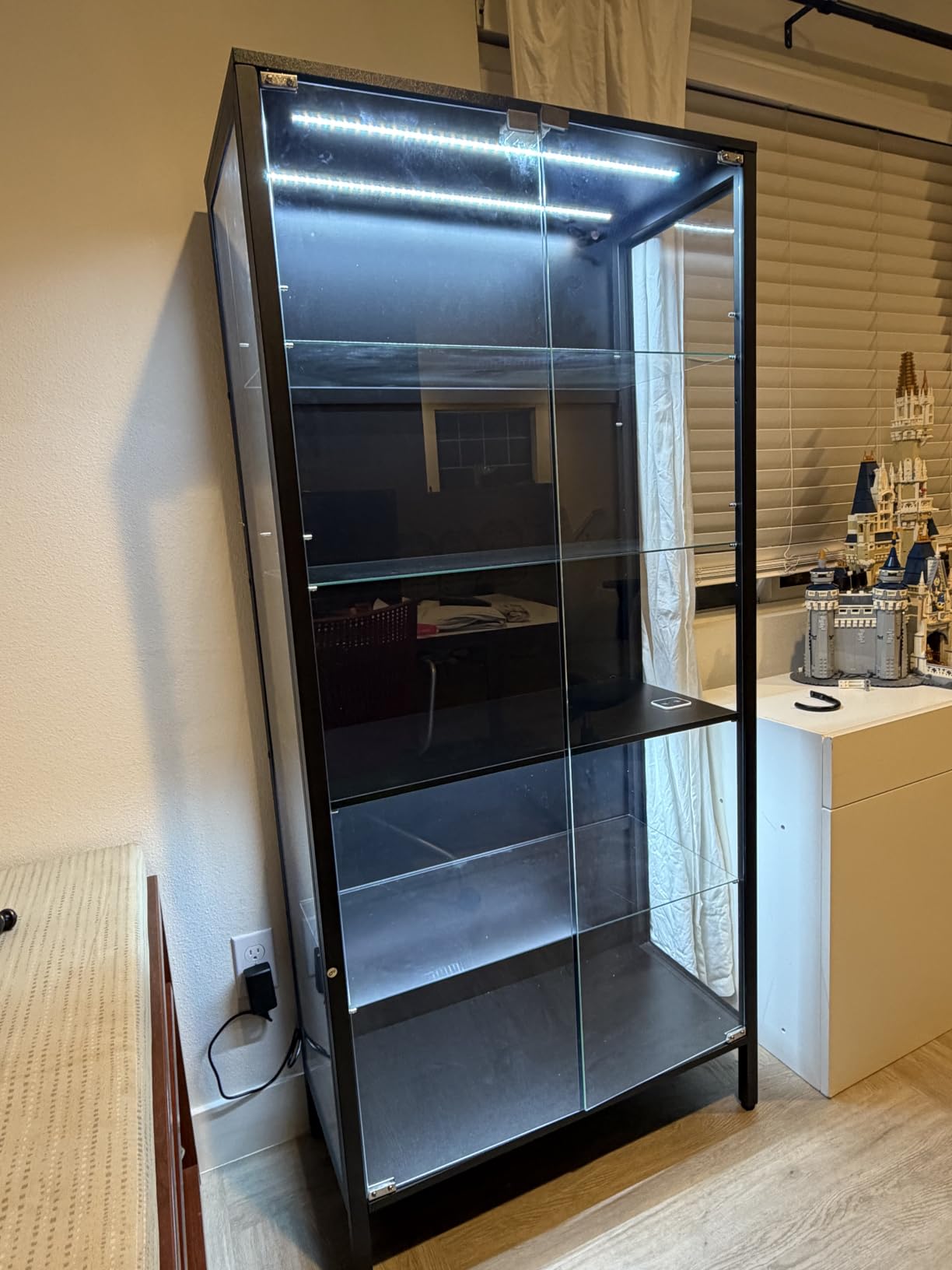 Glass Display Cabinet, 5-Tier Display Case with Adjustable Glass Shelves, Metal Curio Cabinet with 3 Color Lights for Collectibles, Bookcase with Human Body Sensor, Black customer photo 1