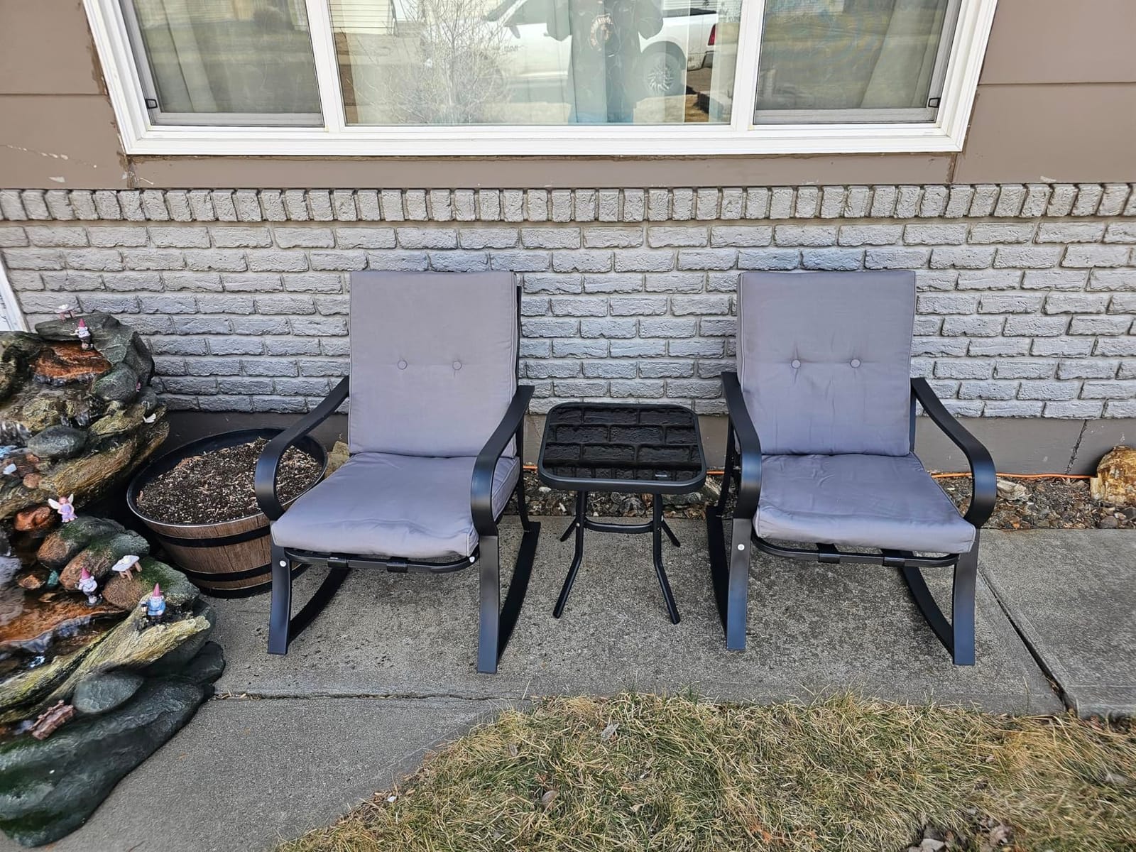 Oakcloud Oakmont Outdoor Furniture 3 Piece Conversation Bistro Set Rocking Chairs and Glass Top Table, Thick Cushions, Black Steel (Brown) customer photo 2
