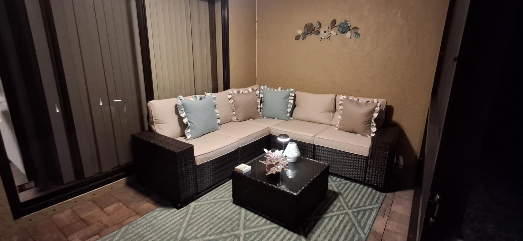 JOYURE 5 Pieces Patio Furniture Set All-Weather Outdoor Wicker Sectional Conversation Sofa Rattan Patio Seating Sofa with Cushion and Glass Table and Ottoman for Porch Poolside,Peacock Blue customer photo 2